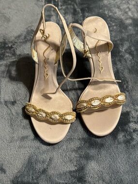 Women 6 1/2 Nina Heel Beige Gold Rhinestone Genuine Leather Open Toe Adjustable